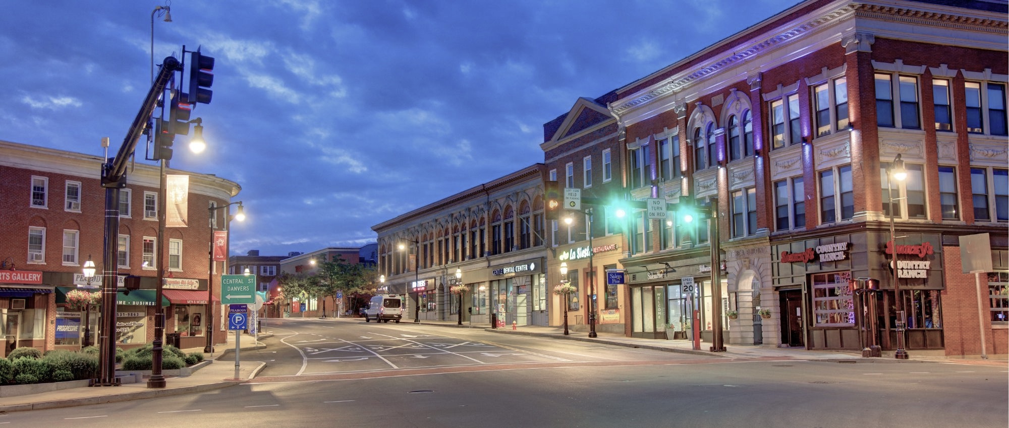 A photo of downtown Peabody, MA, where Renova Behavioral Health, a rehab center, is located.